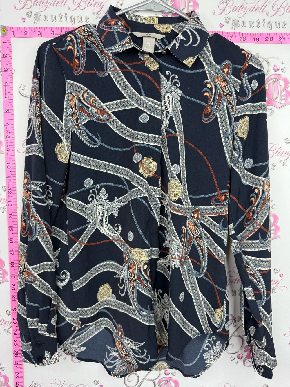 H&M blouse Navy Paisley Print Long-Sleeve Blouse with Cream, Gold, Brown Accents